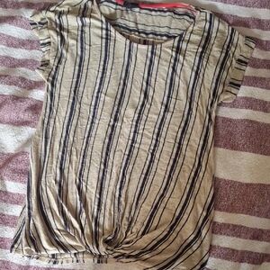 W5 Beige and Navy Striped Knot-Front Short Sleeve Tee